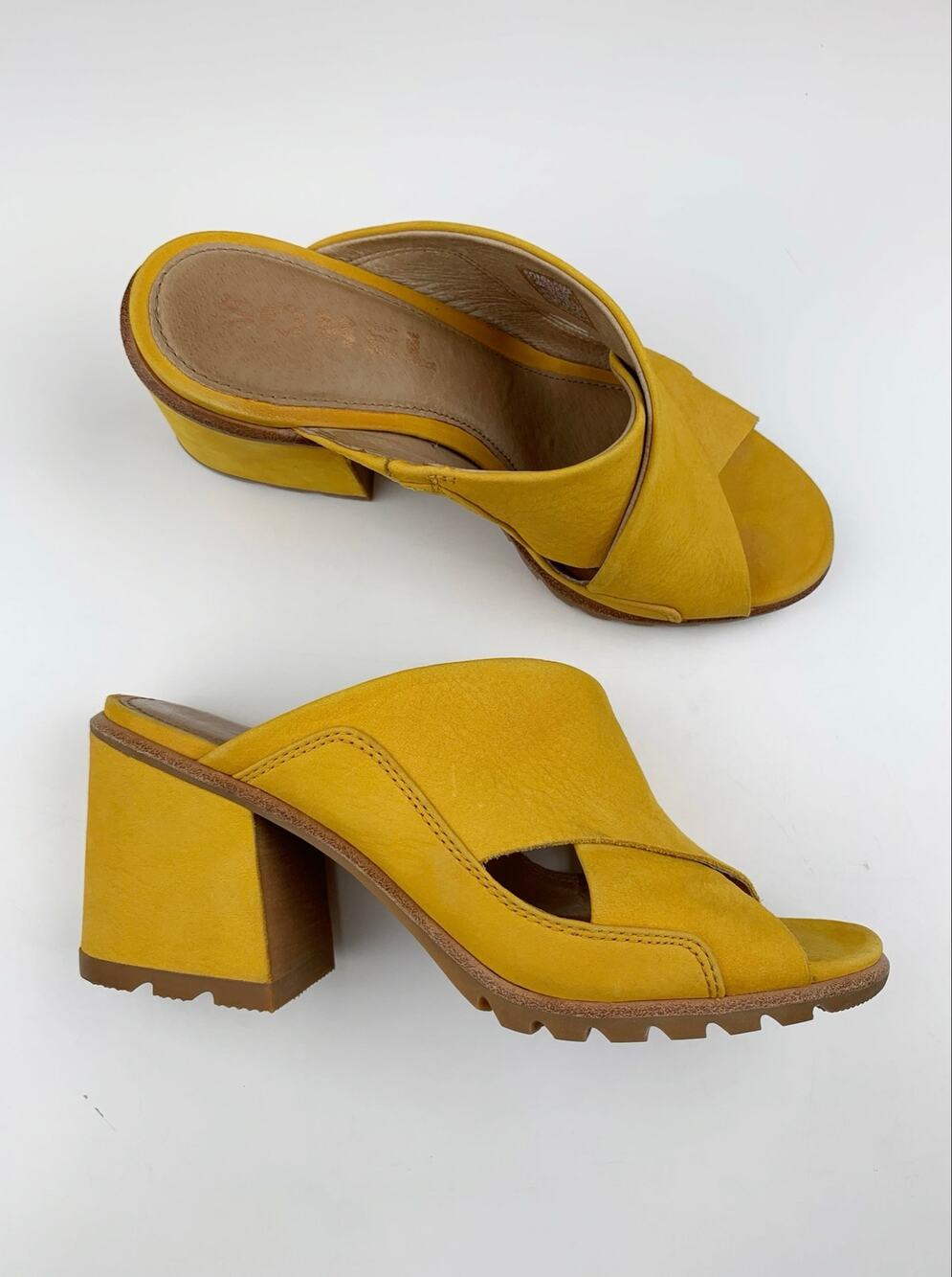 Sorel Nadia Mules Block Heeled Sandals Yellow Leather Women's 6.5